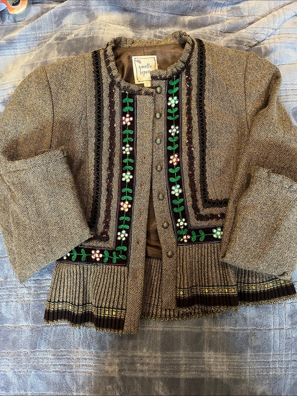 Nanette Lepore Brown Tweed Floral-Embroidered Fringe Jacket